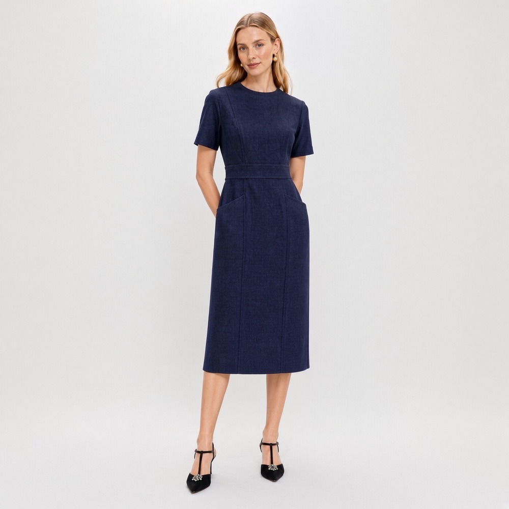 Boden Navy Blue Textured Cotton Blend Short Sleeve Sheath Midi Dress Pockets 8R